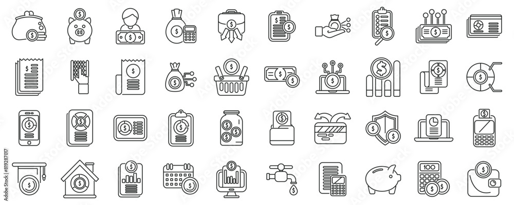 Family budget outline icons. A collection of money related icons including a piggy bank, a wallet, a calculator, and a clock