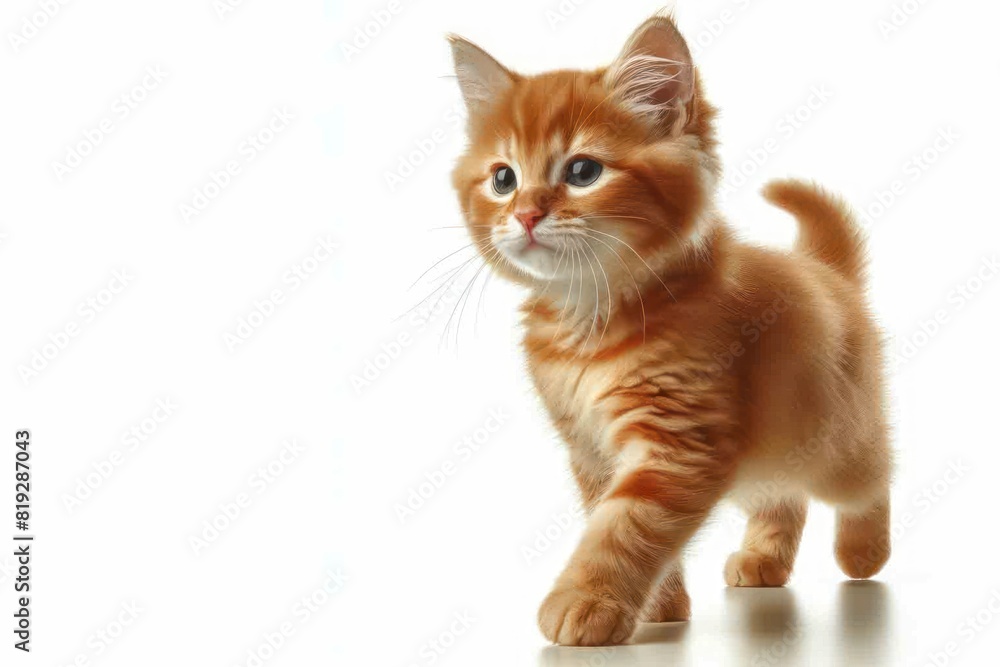 ginger orange cat walking Isolated on white background