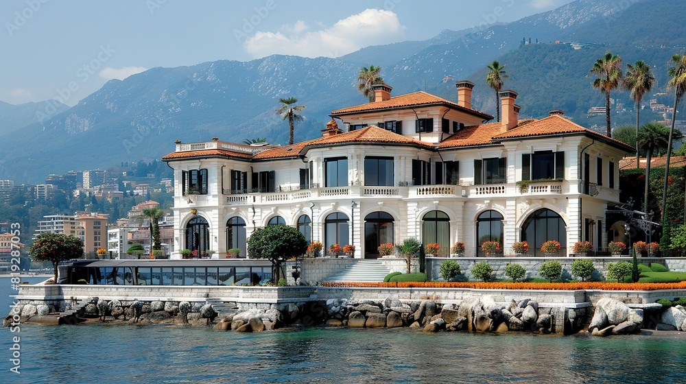   A majestic house perched atop tranquil waters, alongside a verdant hillside adorned with swaying palm trees