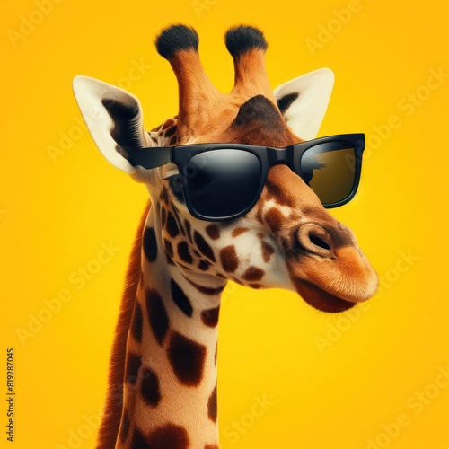 giraffe wearing sunglasses Isolated on yellow bright background