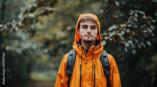 Portrait of a handsome young man in an orange raincoat with a backpack
