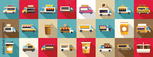 Coffee truck cafe flat vector icons. A collection of food trucks and coffee trucks are shown in a grid. The trucks are of various sizes and colors, and some of them have signs advertising their