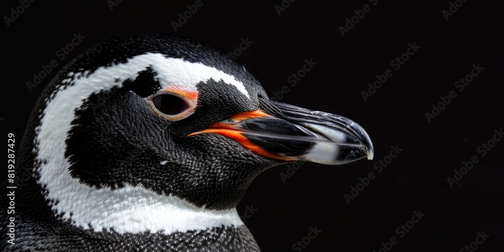 Naklejka premium Portrait of a happy penguin, photo studio set up with key light, isolated with black background and copy space.