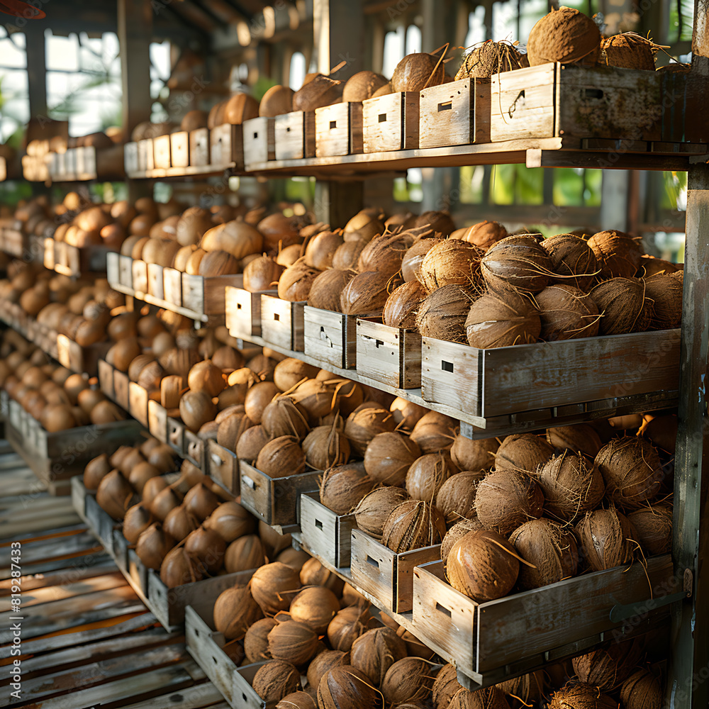 The harvested coconuts are packed in wooden boxes on the sorting line, ready for distribution at a bustling farm during the peak of the harvest season