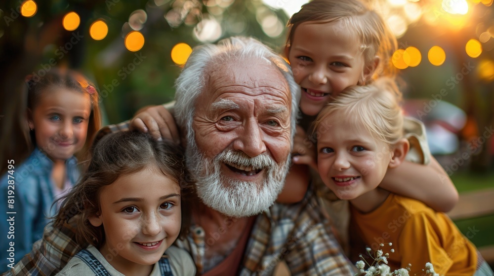 Portrait of a Happy Senior Grandfather Holding His Bright Talented Little Grandchildren on Lap at a Outdoors Dinner Party