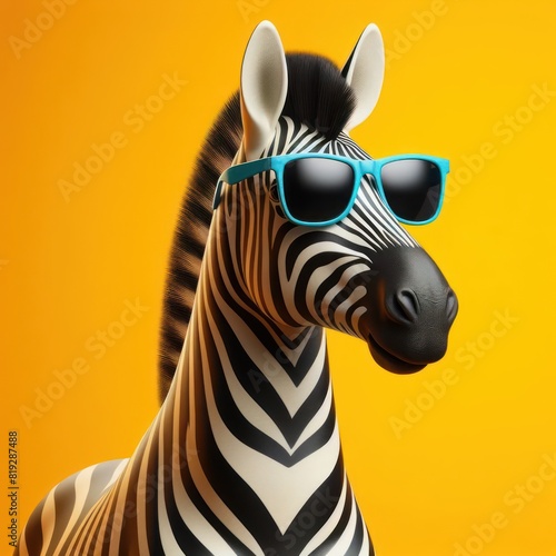 zebra wearing sunglasses Isolated on yellow bright background