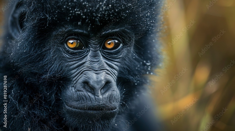 Obraz premium A close-up of a black monkey's face with a yellow-eyed stare