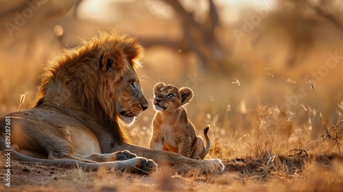   A pair of lions resting atop a parched grassland, surrounded by trees in the backdrop