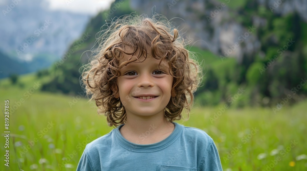 Portrait of a happy young smiling child with curly brown hair standing in a green field in a mountain landscape Portrait of a happy young smiling child with curly brown hair standing in a green field in a mountain landscape