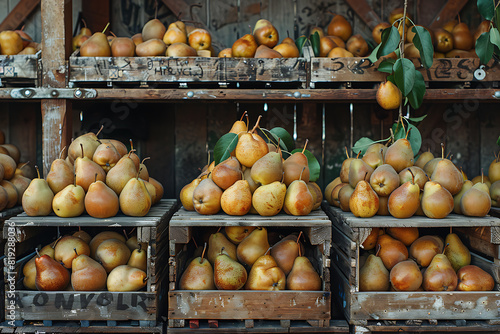 The harvested pear crop is packed in wooden boxes on the sorting line, ready for distribution at a bustling orchard during the peak of the harvest season