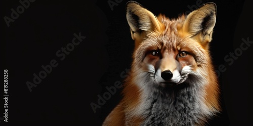 Portrait of a red fox, photo studio set up with key light, isolated with black background and copy space © Vladyslav  Andrukhiv
