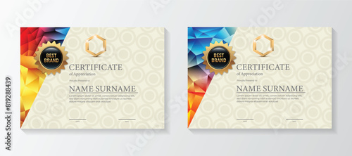 Set modern certificate template with triangular geometric polygons on circular lines ornate background.