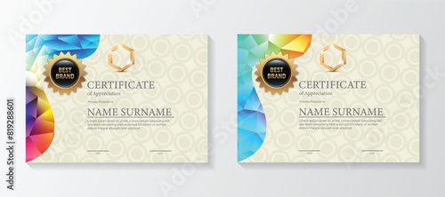 Set modern certificate template with triangular geometric polygons on circular lines ornate background.