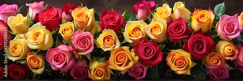 Vibrant Roses Close-Up: Red, Yellow, Pink Roses Background, Colorful Floral Display, Floral Beauty and Elegance.