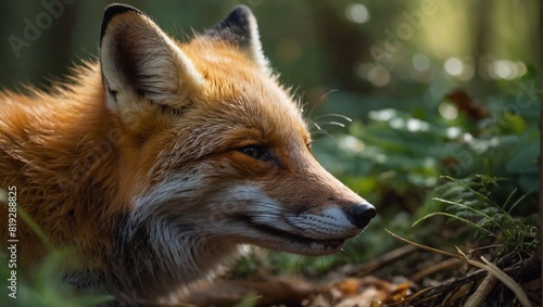 Close up view of a young fox nestled amongst the undergrowth of a serene forest
