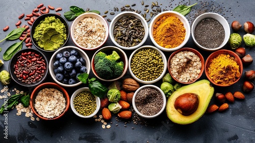  A collection of bowls holding various dishes, alongside an avocado and assorted fruits and veggies