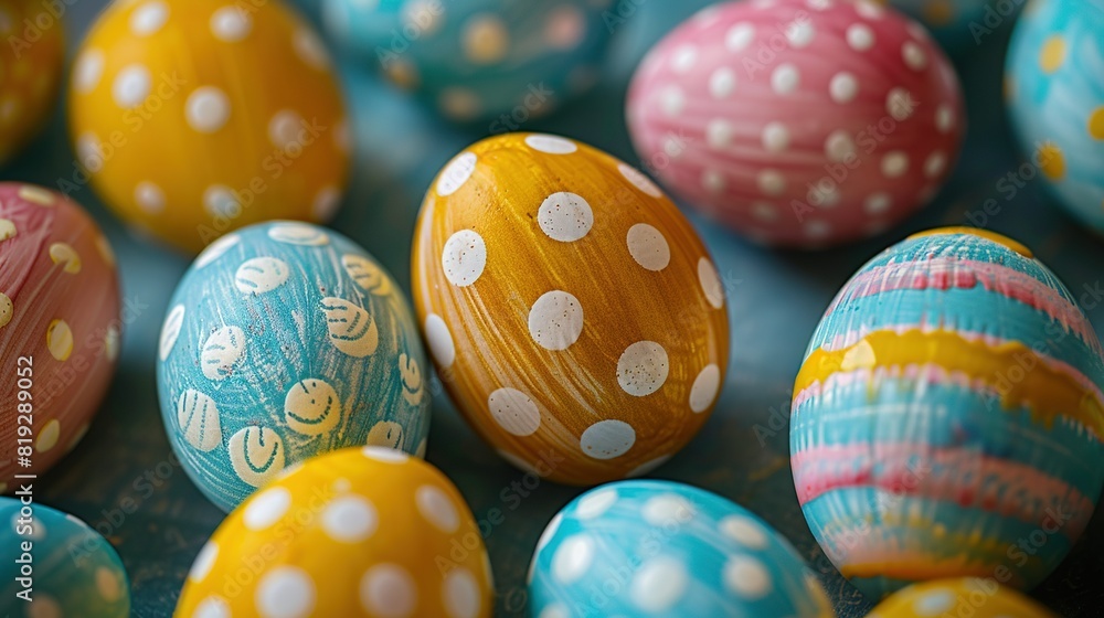   A cluster of vividly hued eggs perched upon a teal base featuring white polka dots above