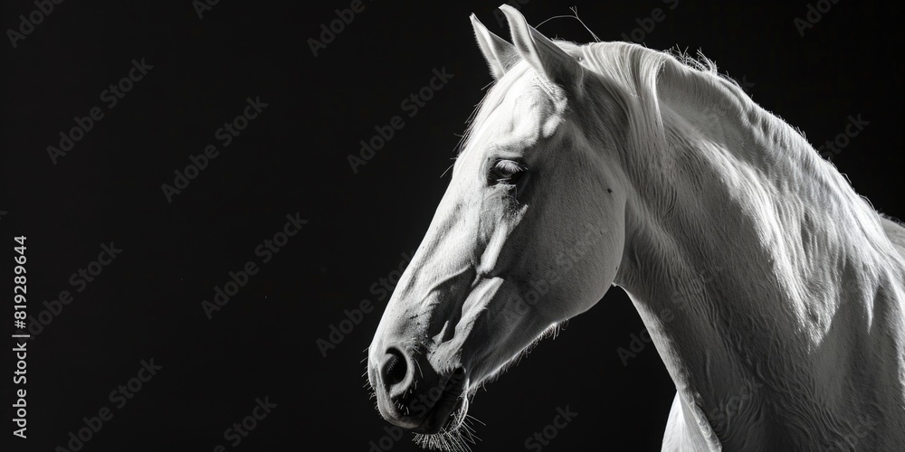 Naklejka premium Portrait of a white horse, photo studio set up with key light, isolated with black background and copy space