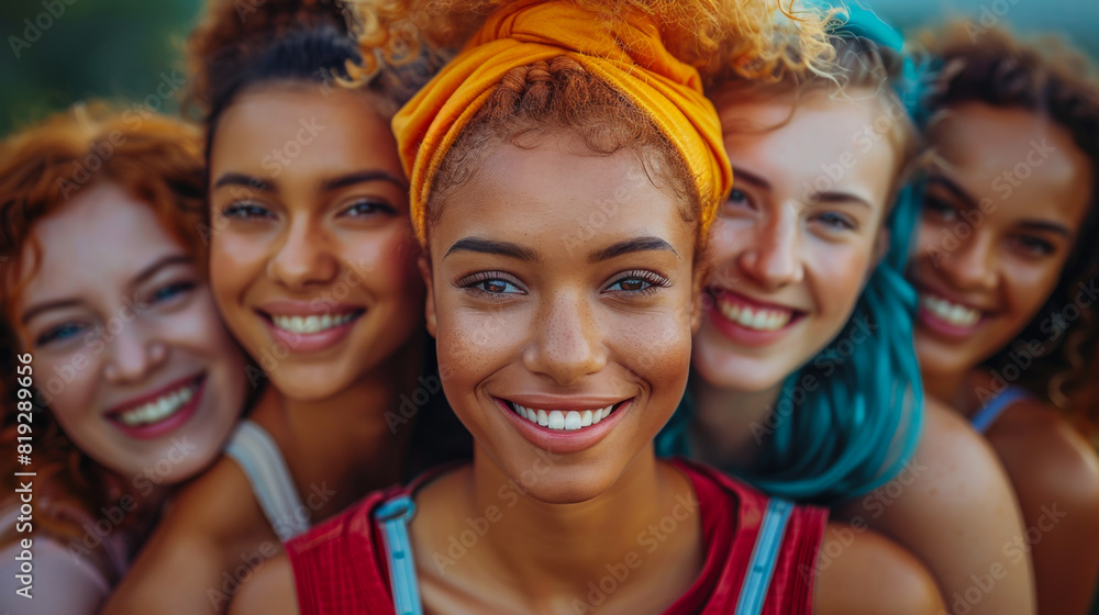 Fototapeta premium A group of women with different hair colors and styles are smiling and posing for a picture. Scene is happy and friendly, as the women are enjoying each other's company and sharing a moment together