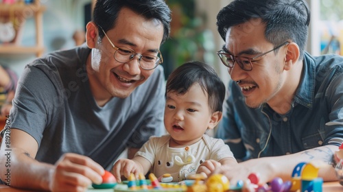 Gay Couple, LGBTQ+ Family, Asian family, take care of they child together, (Generative AI)