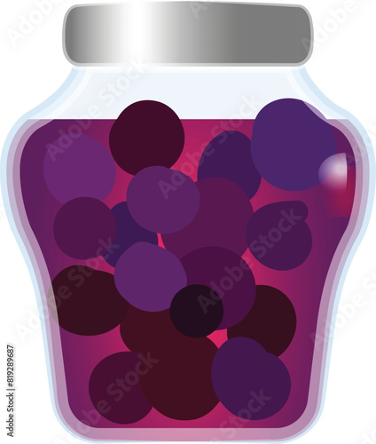 Colorful, flatdesign vector image featuring a jar full of purple preserved fruits