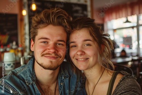  Portrait of a young couple smiling in a cafe, looking at camera.