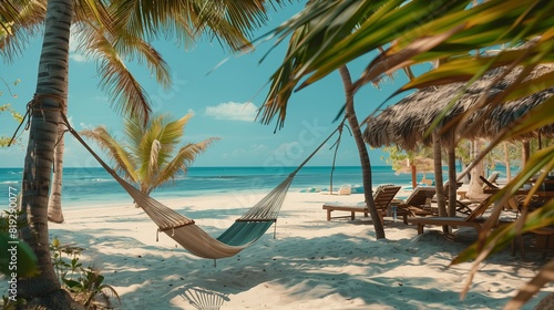 A beachfront bar with hammocks and lounge chairs  nestled among swaying palms overlooking a tranquil turquoise sea.