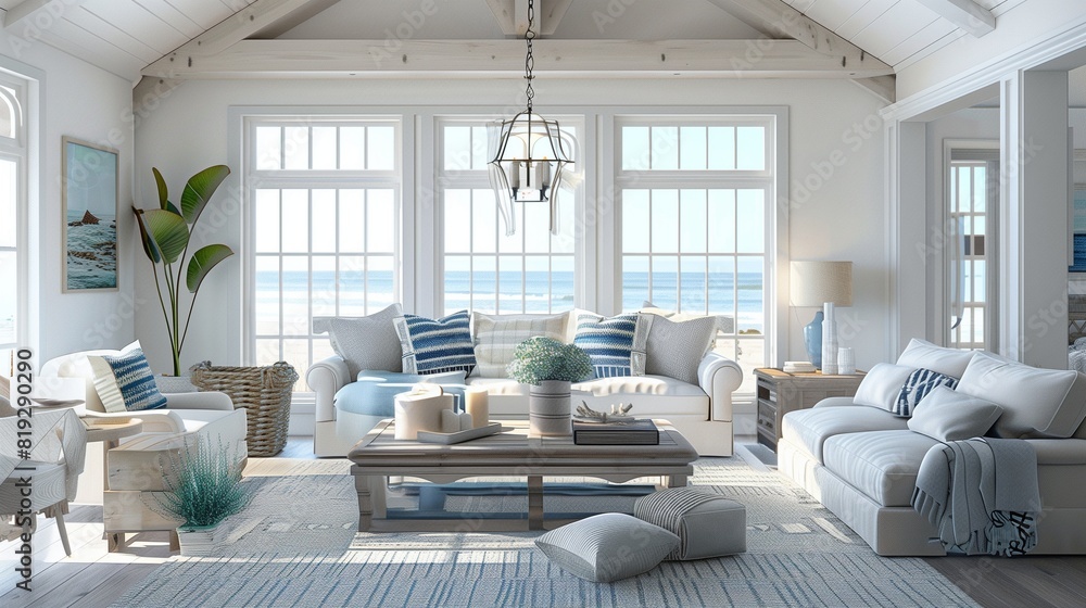 Fototapeta premium A breezy coastal-inspired living space with whitewashed wood floors, nautical accents, and oversized windows that let in views of rolling waves and sandy shores.