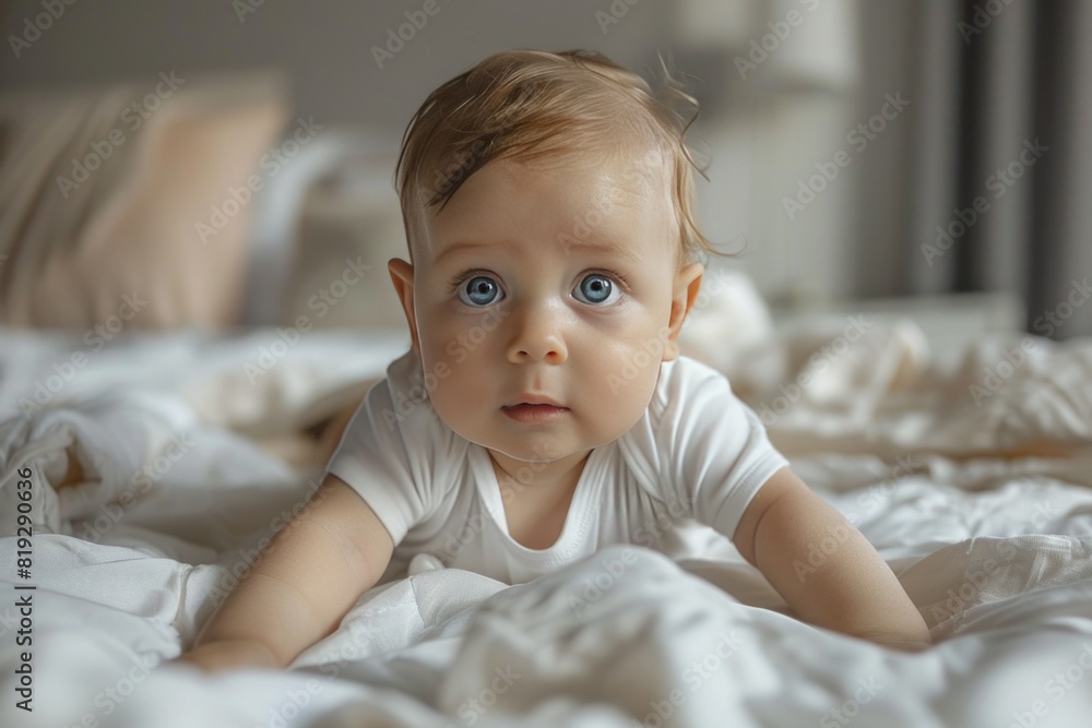 Portrait of cute caucasian baby with blue eyes lying on bed at home. Portrait of cute caucasian baby with blue eyes lying on bed at home.