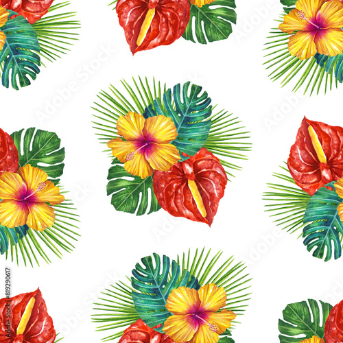 Tropical flowers seamless pattern. Exotic flowers and palm leaves. Plumeria and Hibiscus flowers. Colorful tropical flowers. Summer vacation vibe. Tropical Background. Hawaiian Tropical Plants