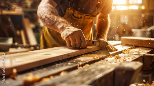 A young carpenter works with wood under the rays of the sun. A worker works on a wooden table in a sunny room. Woodworking concept.