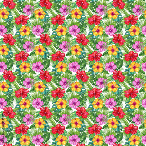 Tropical flowers seamless pattern. Exotic flowers and palm leaves. Plumeria and Hibiscus flowers. Colorful tropical flowers. Summer vacation vibe. Tropical Background. Hawaiian Tropical Plants