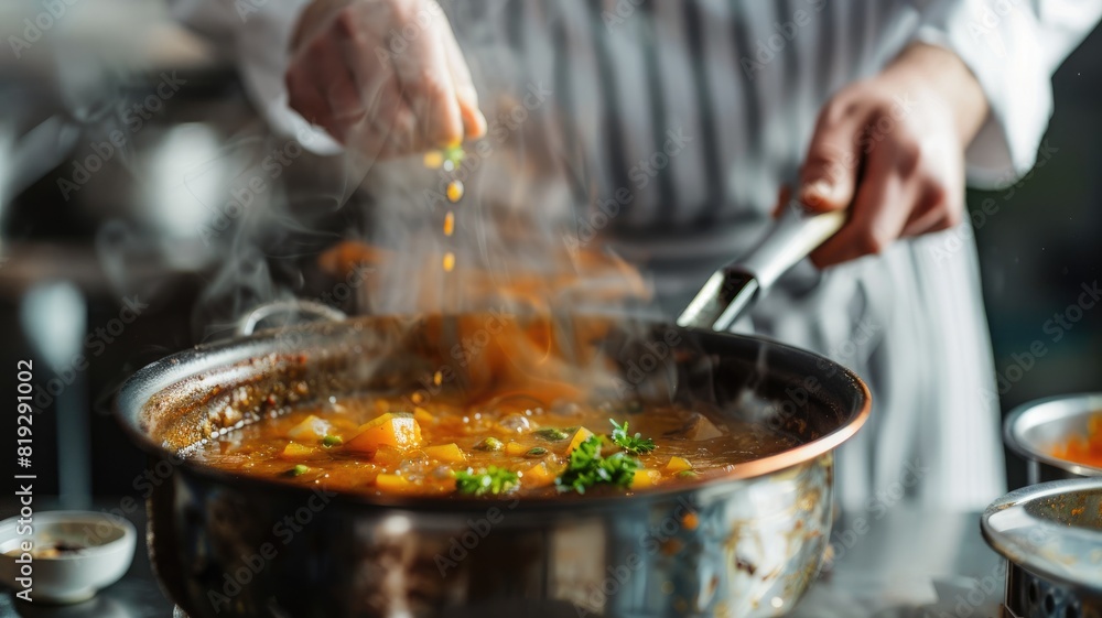 Chef seasoning steaming stew in pan, close-up shot Chef seasoning steaming stew in pan, close-up shot
