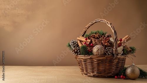 Wicker basket with Christmas ornaments and pine cones