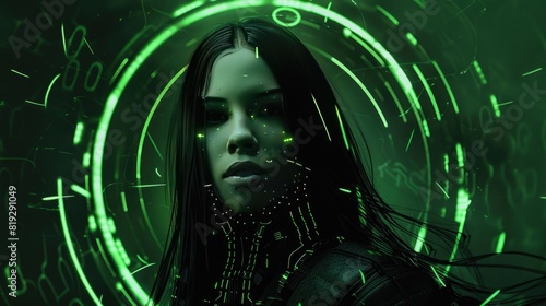 Portrait of cyborg girl with long black hair  metal grunge wires on her neck on dark scene with glowing green futuristic circles