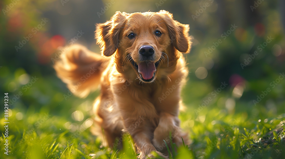 Dog running freely outdoors, grass, golden retriever