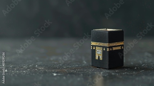 Sacred black cube structure in dimly lit space photo