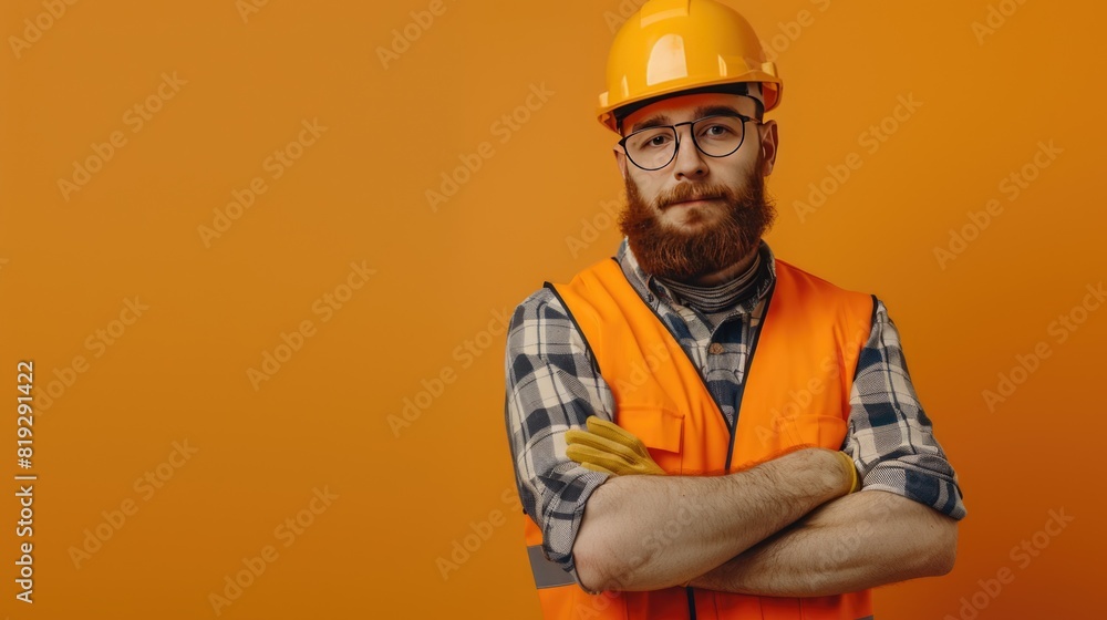 Portrait of Handsome Caucasian Builder or Craftsman Wearing a Hardhat and Safety Vest while Posing for Camera Portrait of Handsome Caucasian Builder or Craftsman Wearing a Hardhat and Safety Vest while Posing for Camera