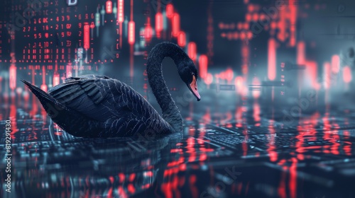 Fototapeta Naklejka Na Ścianę i Meble -  Black Swan on the background of currency charts. Concept. A rare and unexpected event that has a major effect, such as a financial crash .