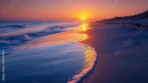 Tranquil Beach Sunset with Gentle Waves and Reflective Shoreline