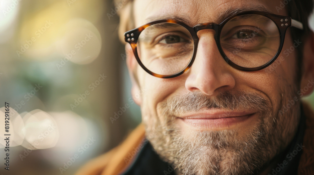 Close-up of a smiling man wearing glasses outdoors. A young man enjoying the weather outside. Vacation concept. Active lifestyle. Close-up of a smiling man wearing glasses outdoors. A young man enjoying the weather outside. Vacation concept. Active lifestyle.