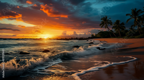 Vibrant Tropical Sunset Over Waves and Palm Trees on Beach