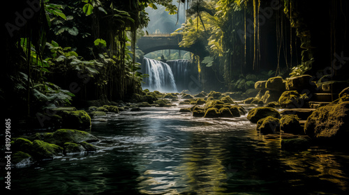 Enchanting Forest Waterfall with Stone Bridge and Lush Foliage