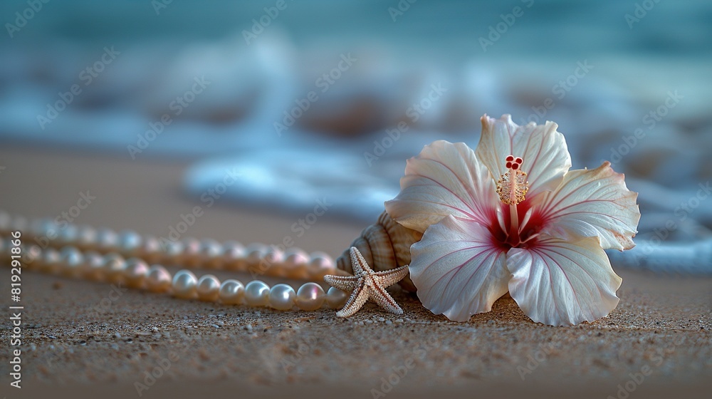 Naklejka premium A close-up of a flower on a sandy beach with a string of pearls and a necklace adorned with pearls