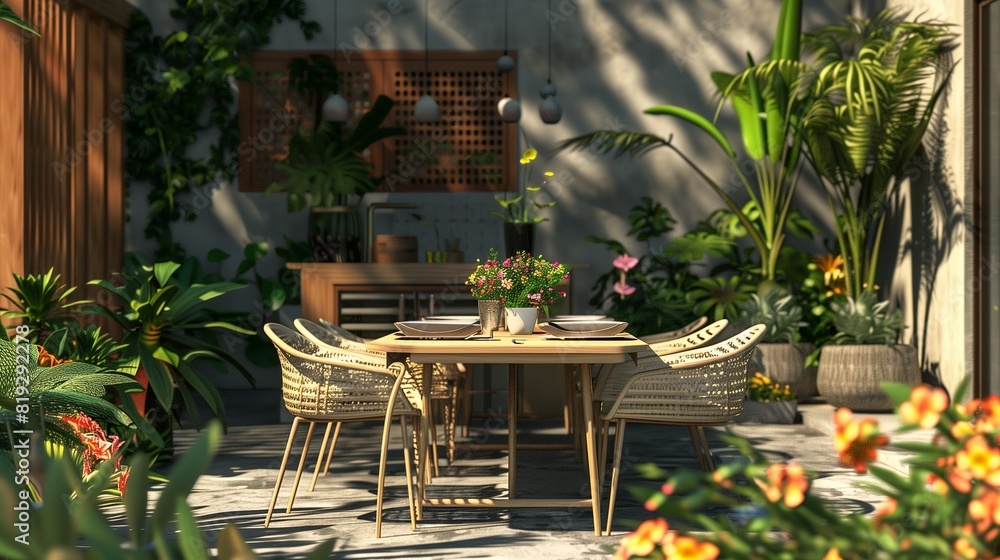 A chic patio setup with a minimalist dining table and chairs, accented by sleek tableware and surrounded by pots of vibrant flowers and herbs. A chic patio setup with a minimalist dining table and chairs, accented by sleek tableware and surrounded by pots of vibrant flowers and herbs.