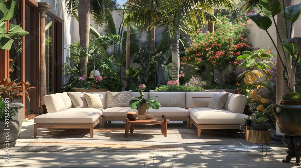 A chic patio setup featuring a sleek outdoor sectional sofa, adorned with plush cushions and surrounded by potted palms and flowering shrubs.