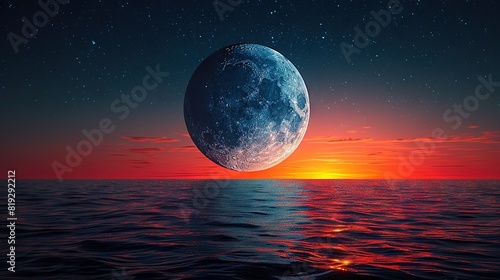  A celestial orb drifting amidst a luminous aquatic expanse, surrounded by a vibrant crimson sky and scattered cosmic orbs above