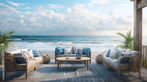 A coastal-inspired patio with weathered wood furniture, nautical accents, and panoramic views of crashing waves against the shore. © Scott