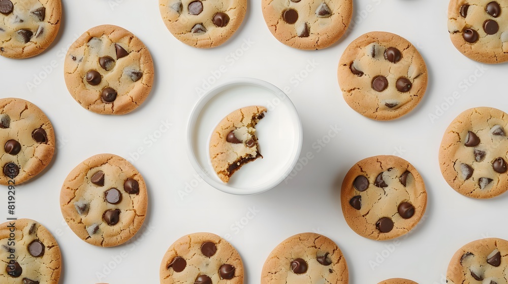 Chocolate Chip Cookies on White Background, Delicious Homemade Treats, Top View, Scattered Cookies with Copyspace, Perfect for Dessert Blogs and Marketing Chocolate Chip Cookies on White Background, Delicious Homemade Treats, Top View, Scattered Cookies with Copyspace, Perfect for Dessert Blogs and Marketing