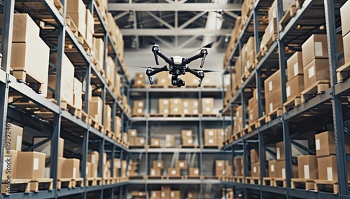 drones hovering over aisles in a warehouse, diligently scanning barcodes for precise inventory management, showcasing the seamless integration of technology into the supply chain